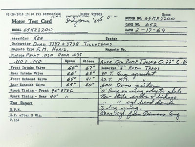 filled out motor test card